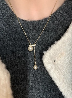 大佬甜 er 纯银施家大小珍珠平衡木项链女锁骨链轻奢简约抽拉气质