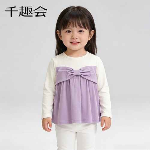 千趣会童装26春秋款女童打底衫假两件日系可爱儿童T恤 - 图1