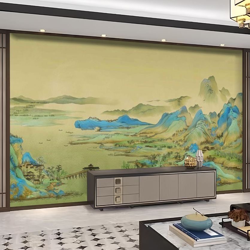 千里江山图壁纸新中式山水壁画沙发电视背景墙壁布定制,淘宝优惠券,粉丝福利购,淘宝优惠卷