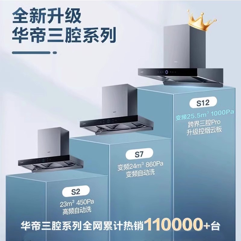 [高端新品]华帝S12三腔变频抽油烟机燃气灶套装顶吸烟机灶具套餐