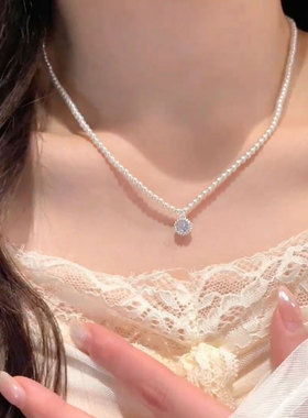 法式锆石吊坠珍珠项链温柔显白女