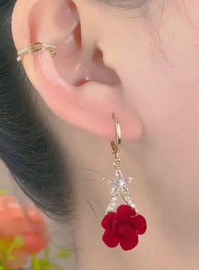 时尚红色植绒玫瑰耳扣韩系港风女