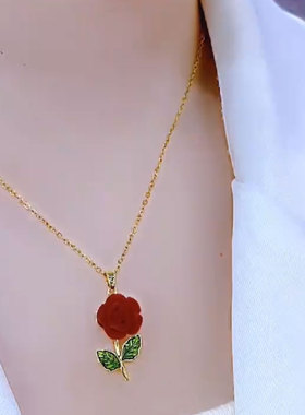 轻奢独特红色植绒玫瑰花朵锁骨链