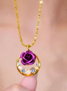 日韩时尚紫色玫瑰花锆石项链百搭