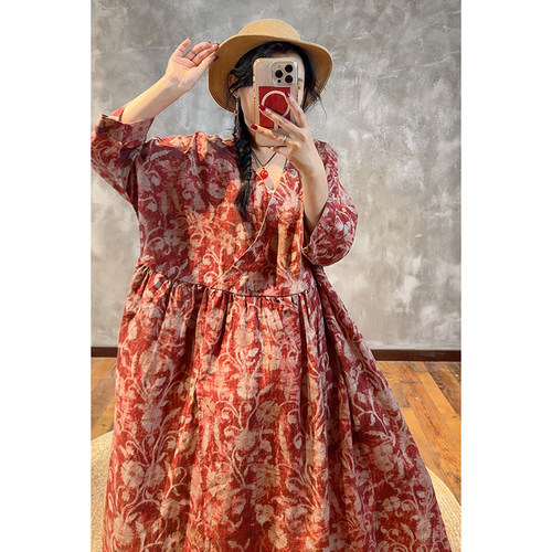 YIMIAN 宝藏亚麻民族风V领碎花高端优雅休闲高腰显瘦连衣裙26065 - 图1