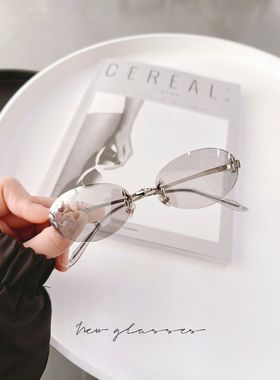 韩版无框椭圆浅灰色太阳镜女jennie无框圆框y2k辣妹墨镜防紫外线