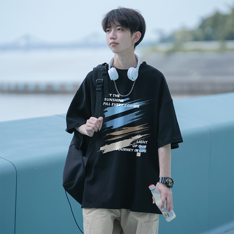 日系藏青色短袖t恤男款夏季涂鸦印花纯棉重磅宽松ins潮牌半袖体恤 - 图1