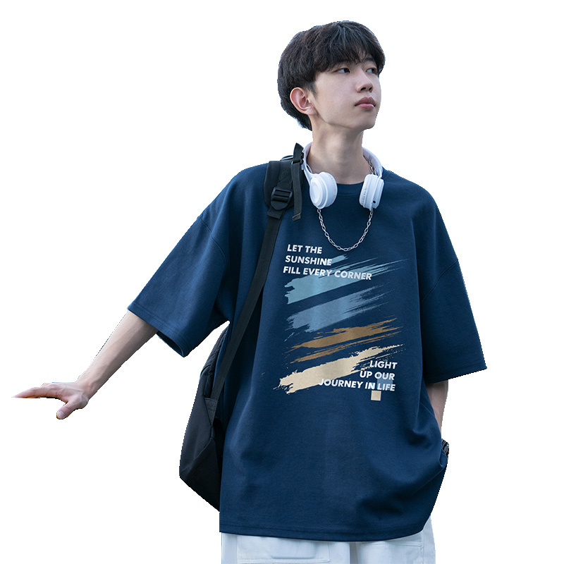 日系藏青色短袖t恤男款夏季涂鸦印花纯棉重磅宽松ins潮牌半袖体恤 - 图3
