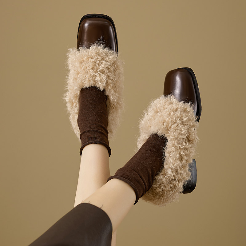 时髦精方头加绒羊毛真皮乐福鞋女高跟粗跟小皮鞋秋冬小个子毛毛鞋,淘宝优惠券,粉丝福利购,淘宝优惠卷