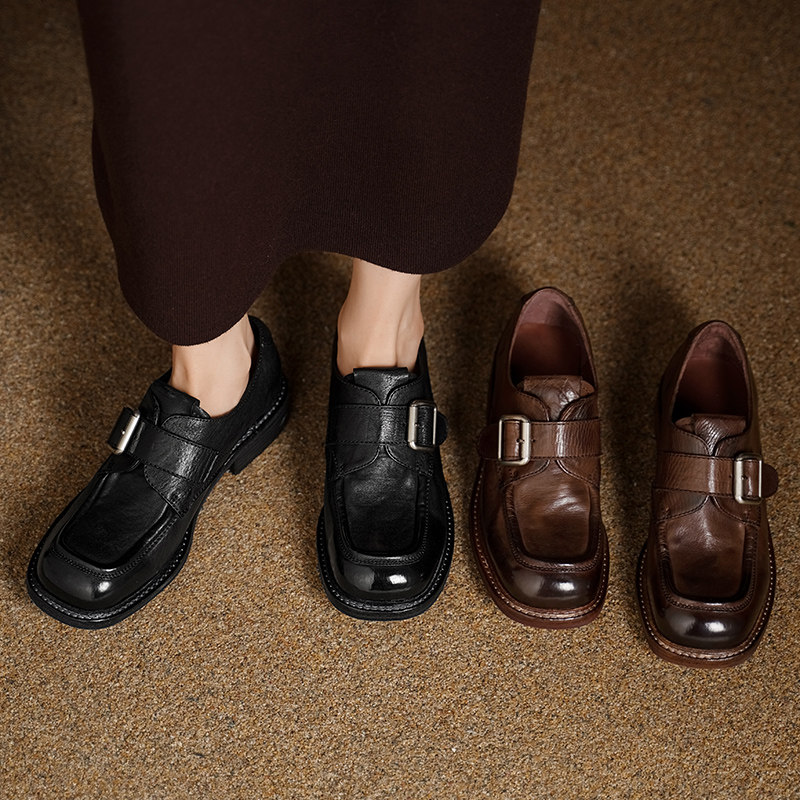 意大利重工水洗头层牛皮！2025新款法式皮带扣孟克英伦乐福鞋单鞋,淘宝优惠券,粉丝福利购,淘宝优惠卷