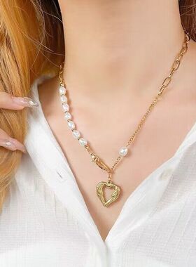 法式轻奢双层珍珠爱心项链女金色链条高级感锁骨颈链
