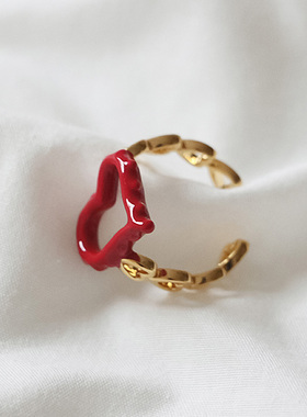小众设计欧美复古本命年红色幸运桃心爱心开口戒指红色滴油珐琅