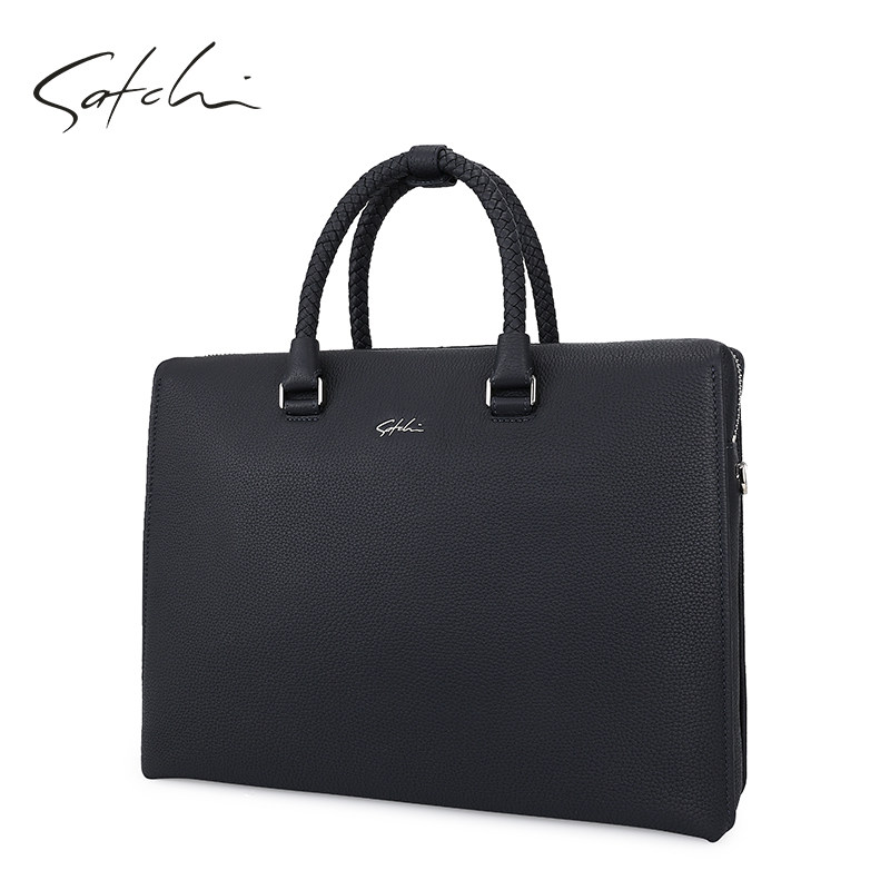 沙驰真皮新款简约头层办公男公文包 satchi沙驰男士包袋