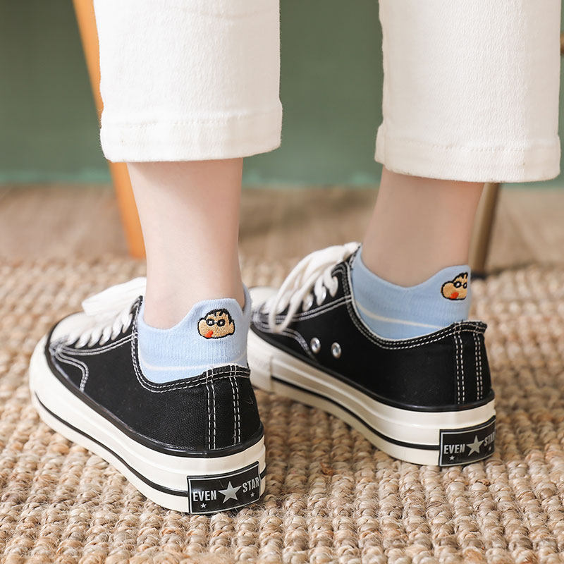 蜡笔小新棉袜刺绣卡通浅口低帮短筒船袜拼接条纹学生可爱防臭吸汗,淘宝优惠券,粉丝福利购,淘宝优惠卷