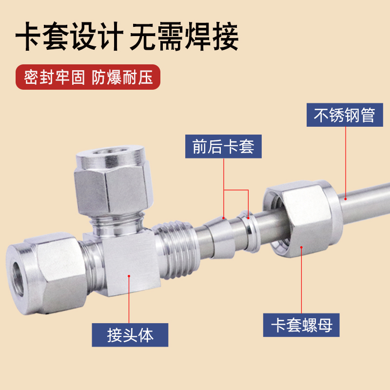 304不锈钢双卡套式三通中间管快速接头T型等径变径气源仪表铜管8