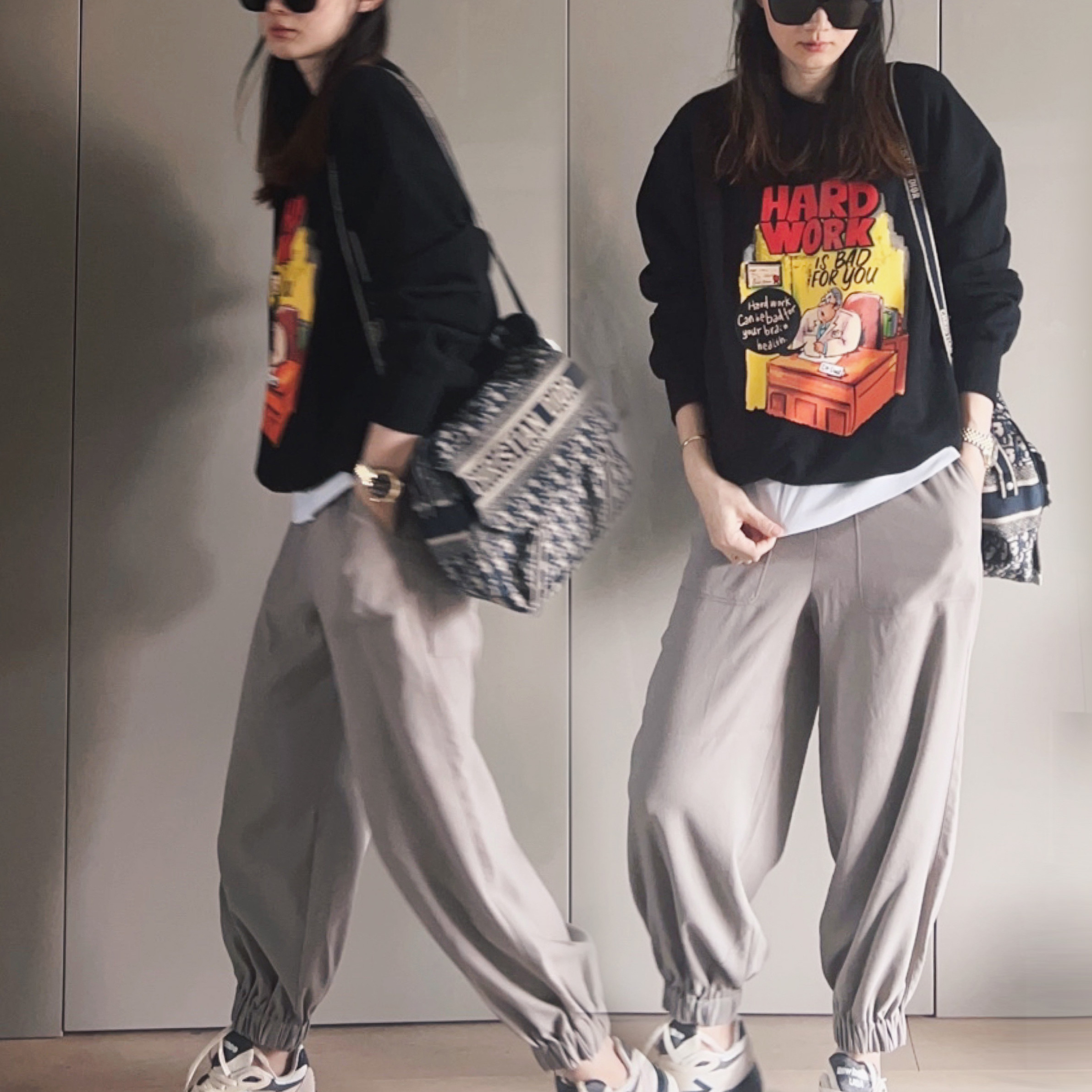 duet原创 hard work黑色圆领薄绒宽松休闲卫衣 - 图0