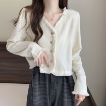 Small fragrance Atmosphere Quality V Neckline Su Side Long Sleeve Blouse Blouse Blouse Shirt Autumn Clothing Han Edition Vintage 100 Hitchhiking Short Coat