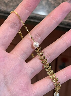 电气白兰金色叶子珍珠鱼鳞手链