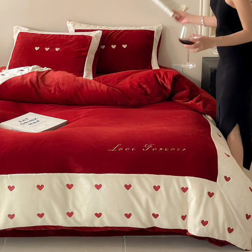 浪漫爱心刺绣牛奶绒四件套冬季保暖宝宝绒红色结婚被套床单床笠 - 图2