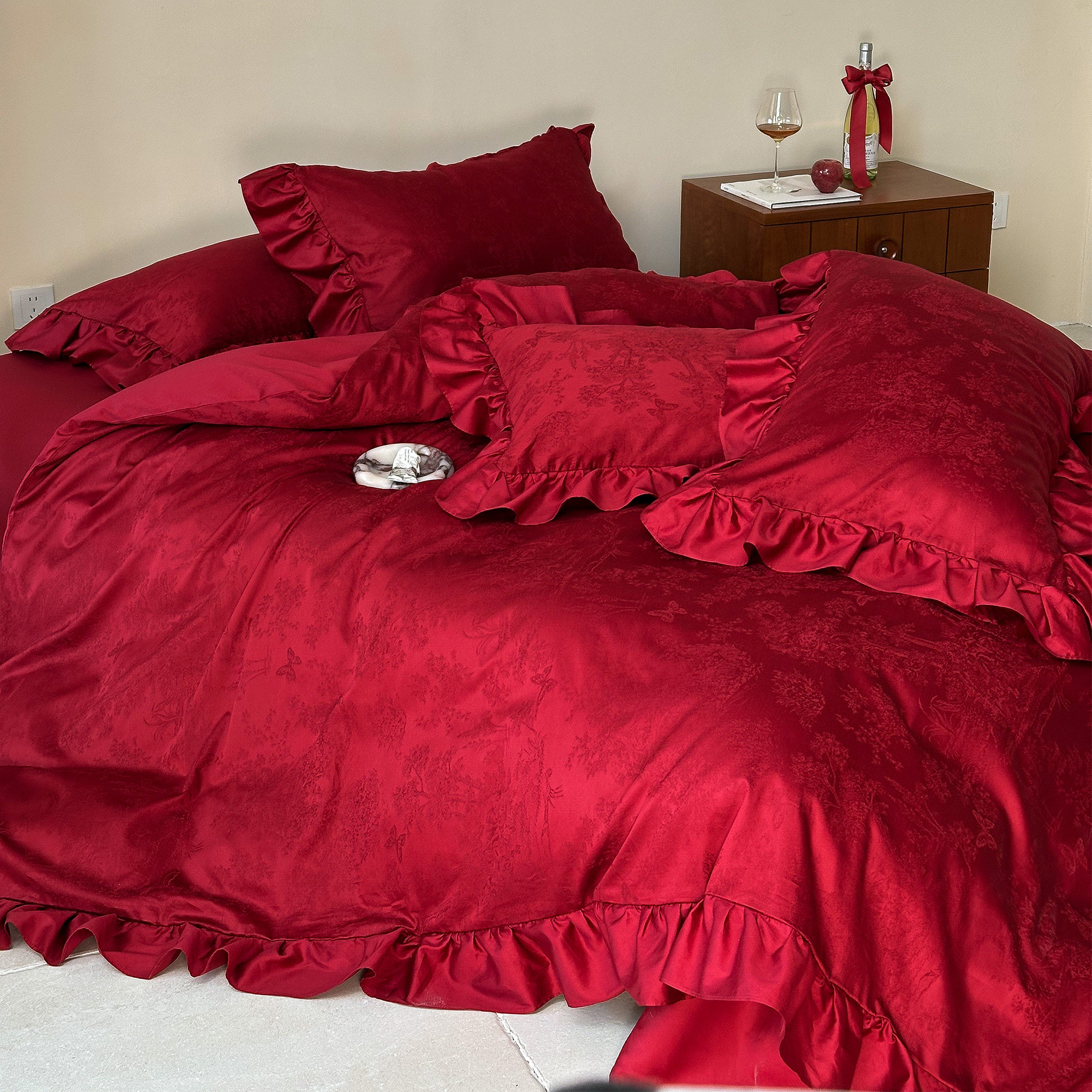 法式浪漫花边婚庆四件套纯棉100S长绒棉提花红色结婚被套床单床笠,淘宝优惠券,粉丝福利购,淘宝优惠卷