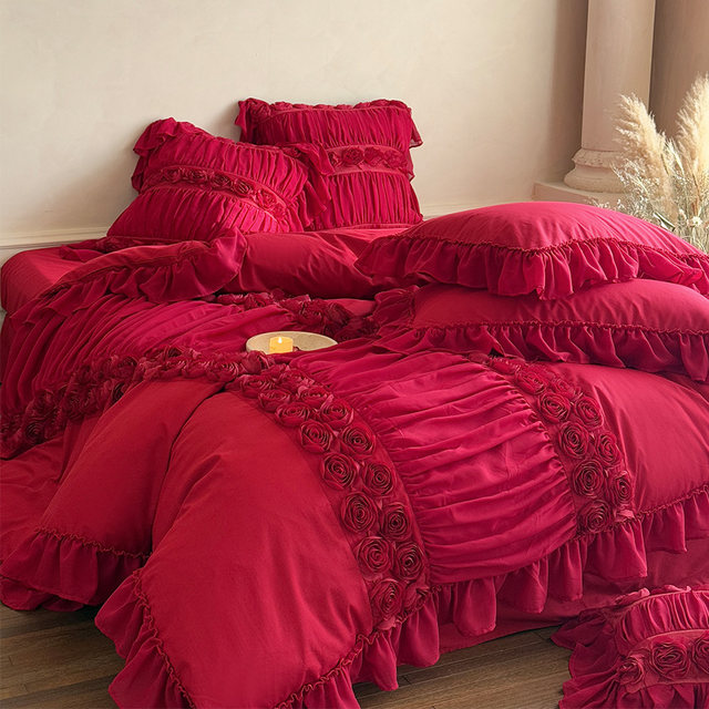 Spring and summer full cotton wedding four-piece set wash cotton French romantic three-dimensional rose wedding red quilt cover bed sheet bed skirt