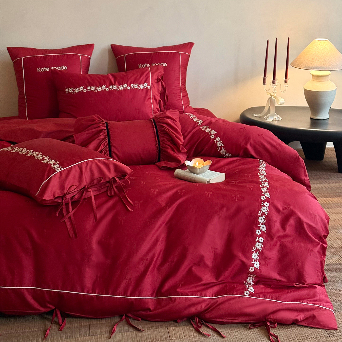 LANSWAY浪漫婚礼四件套全棉刺绣提花简约婚庆被套红色床单1.8床品,淘宝优惠券,粉丝福利购,淘宝优惠卷