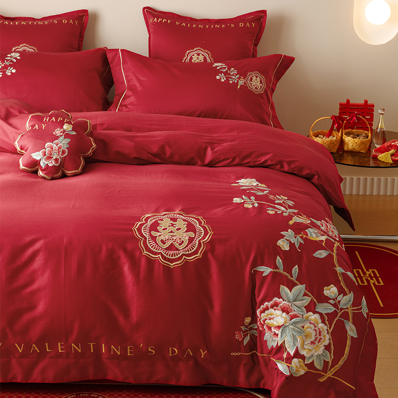 简约新中式婚庆四件套全棉大红色双喜刺绣花结婚被套床单床上用品