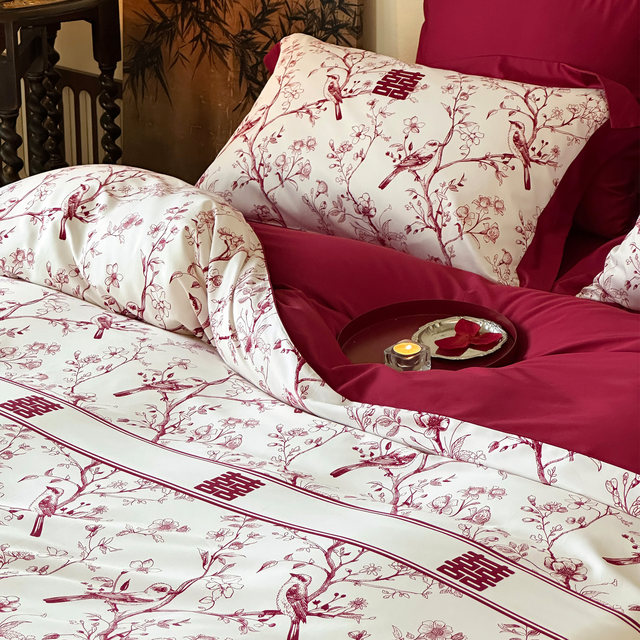 Chinese magpies flower and bird print cotton wedding four-piece set Xinjiang long velvet cotton red wedding quilt cover pure cotton bed sheet
