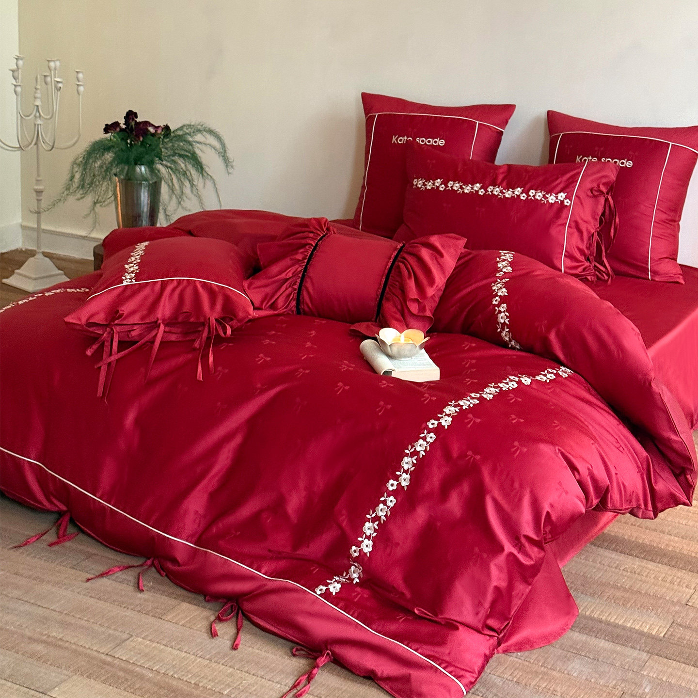 LANSWAY浪漫婚礼四件套全棉刺绣提花简约婚庆被套红色床单1.8床品,淘宝优惠券,粉丝福利购,淘宝优惠卷