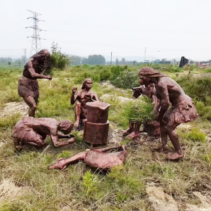 原始部落人物玻璃钢雕塑原始人雕像远古野人生活塑像进化论仿铜像-图1