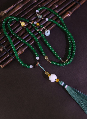 新中式马面裙配饰莲花璎珞背云超长流苏绿色项链复古古风汉服配饰