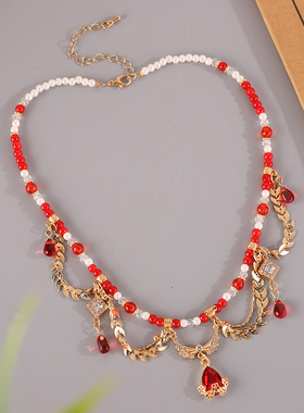 古风璎珞流苏项链红色国风