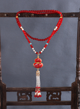 古风红色珍珠红葫芦璎珞串珠流苏毛衣链女新中式汉服配饰长项链