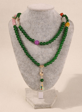 串珠绿色长款流苏新中式斜挎链