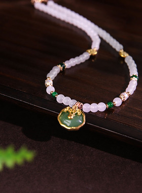 新中式原创古法沙金吊坠金锁绿色汉服琉璃项链小众毛衣链配饰女