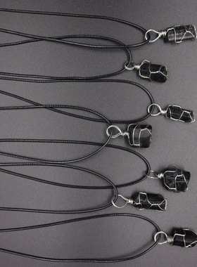 天然水晶黑碧玺原石吊坠 不规则黑碧玺电气石柱体原石标本项链