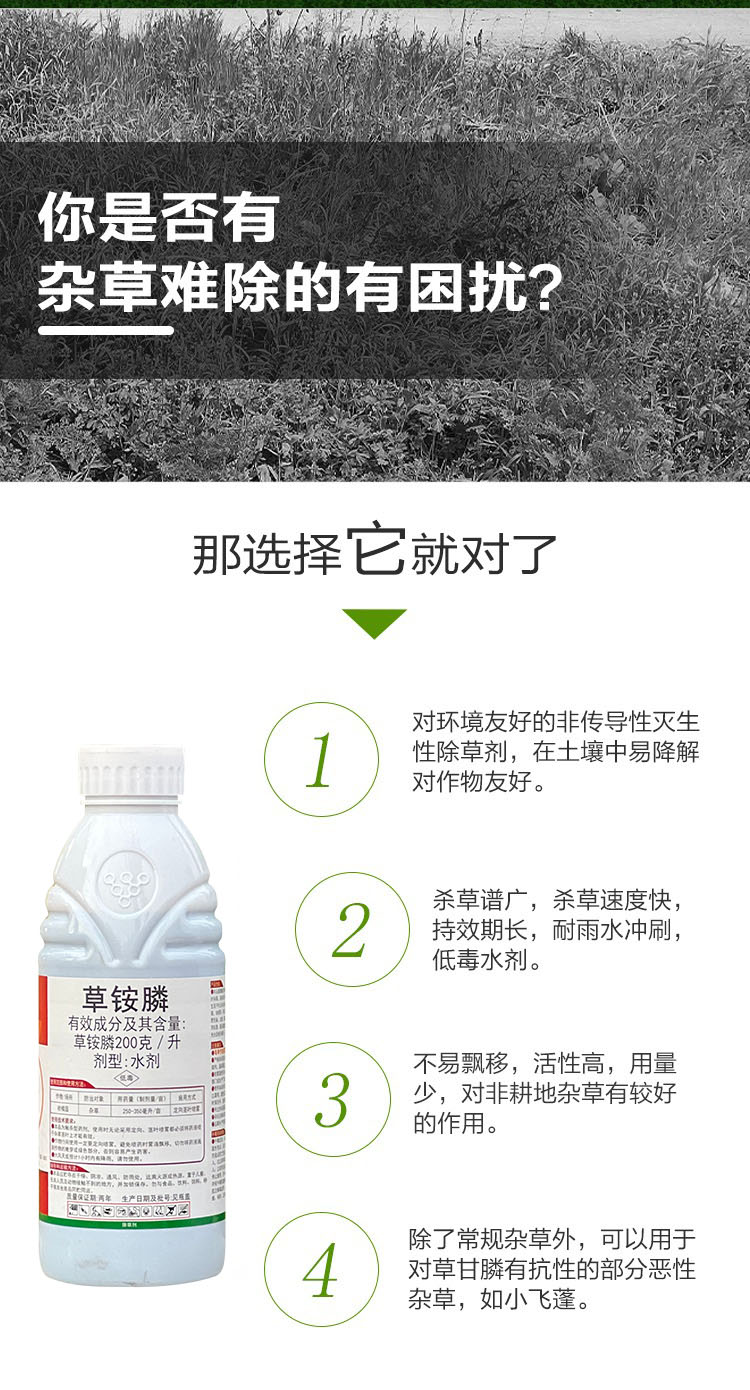 靓除20%草铵膦草铵磷草胺磷威远锄草药牛筋草小飞蓬 农药除草剂 - 图1