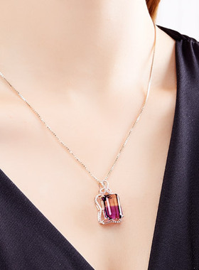 925纯银紫水晶王妃项链奢华欧洲王室绿碧玺玉髓宝石吊坠女锁骨链