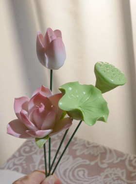 陶瓷手工素烧荷花莲蓬仿真花假花摆设客厅花束装饰花艺摆件轻奢