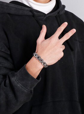 朋克风新款条纹龙骨男士钛钢手链欧美复古潮人霸气潮男不掉色饰品