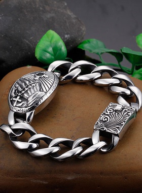 霸气机车风宽版时尚欧美时尚复古十字架镶锆石弯牌钛钢男款手链