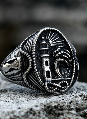 复古风灯塔指引男士钛钢戒指欧美机车风个性潮人时尚宽版潮人指环