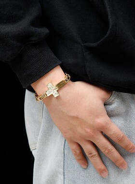 简约时尚韩版十字架弯牌个性复古手链男士帝王回形链高级感手饰品