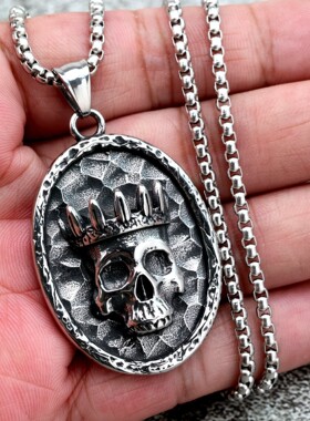 复古做旧潮人不锈钢男士吊坠朋克风单面皇冠骷髅挂件霸气夸张饰品