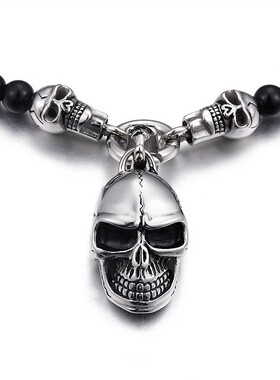 朋克风欧美时尚朋克非主流 个性笑面骷髅头吊坠 男士钛钢暗黑项链