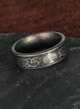 北欧美维京生命树图案复古做旧古银色钛钢戒指不锈钢潮男指环饰品