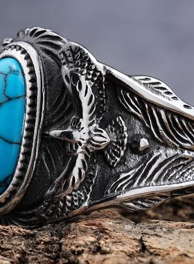 朋克风创意个性镶嵌松石指环老鹰欧美男霸气时尚潮人戒指欧美饰品