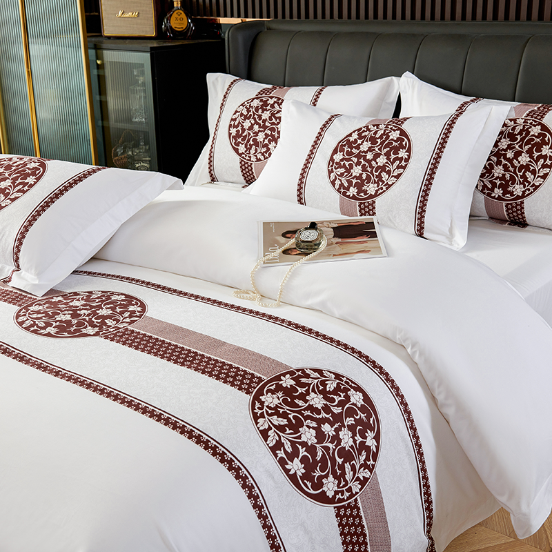 酒店布草宾馆床上用品100全棉纯棉民宿专用色织印花床尾巾四件套 - 图1