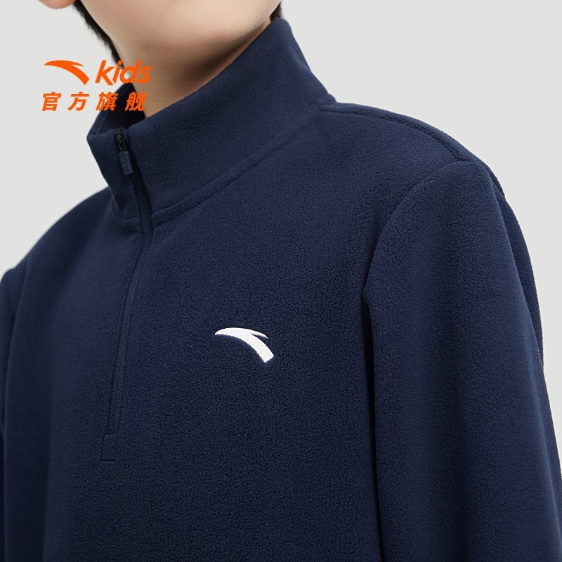 安踏儿童男童套头衫2024春秋新款保暖女童摇粒绒卫衣立领秋装上衣