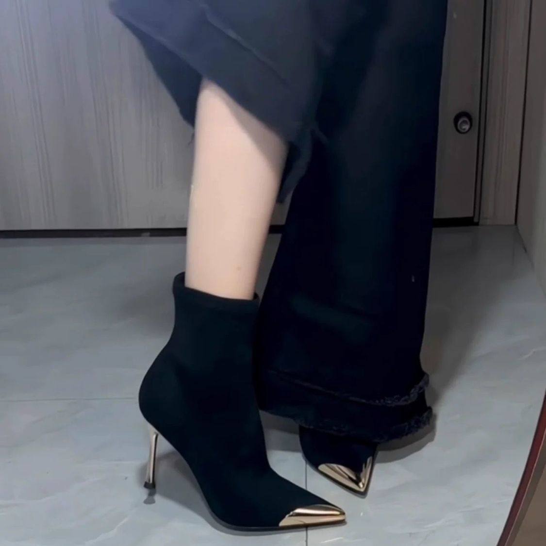 黑色尖头细跟高跟短靴女2025年春秋新款弹力瘦瘦靴中筒袜靴单靴女,淘宝优惠券,粉丝福利购,淘宝优惠卷